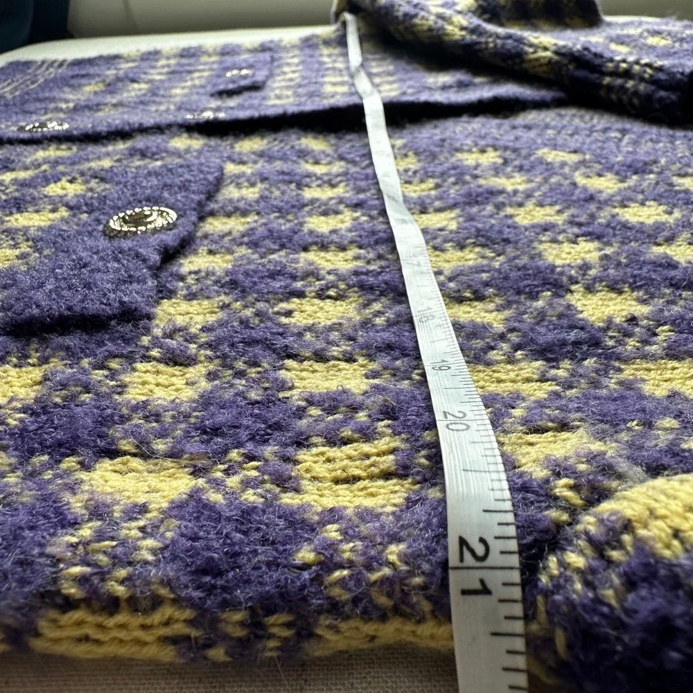 Check Tweed Yellow Purple Fuzzy Knit Cardigan V-Neck Button Front Sweater